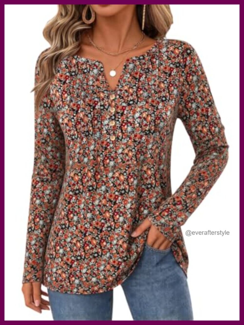 Womens Boho Floral Long Sleeve Tunic Top V Neck Henley Blouse